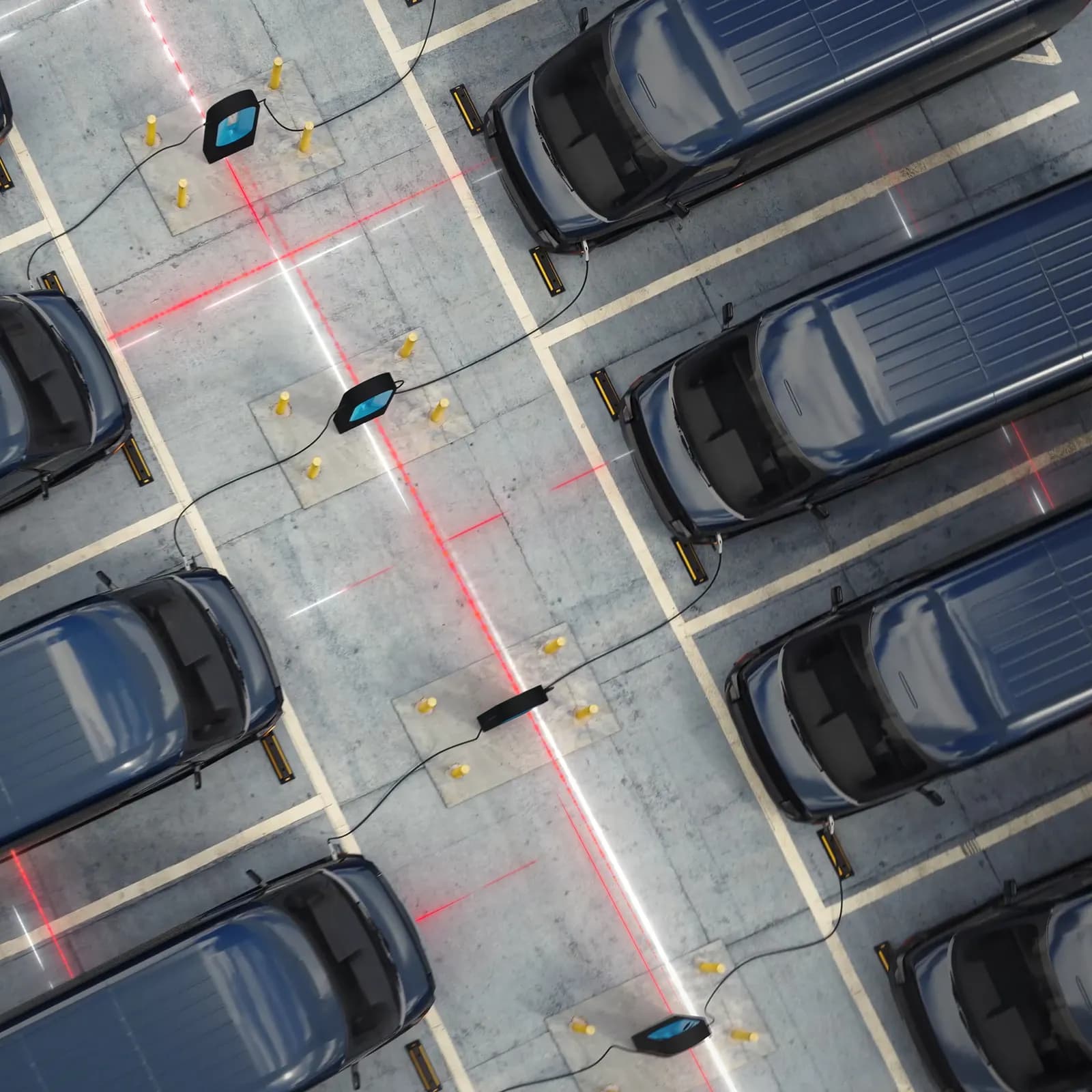 Aerial 3D render of an electric van fleet at a commercial charging depot with glowing connectivity lines