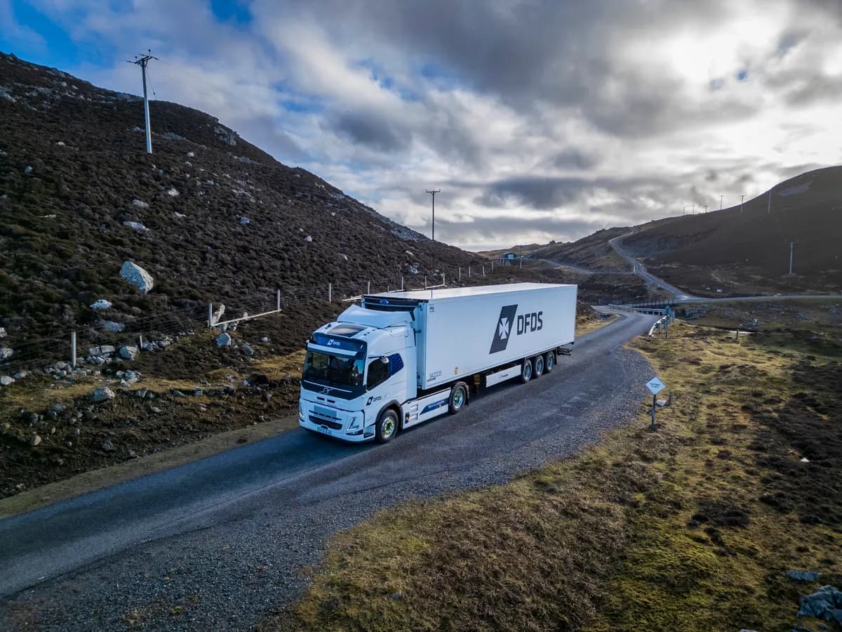 DFDS electric Volvo HGV on a Western Isles coastal road from Dynamon fleet electrification case study