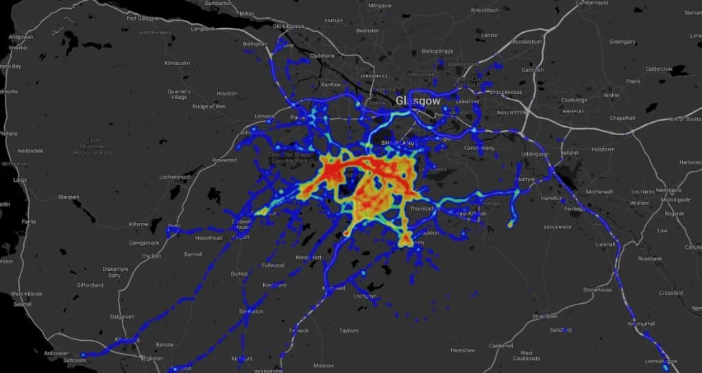 Heatmap of East Renfrewshire Council fleet movements, busiest around Thornliebank and the south side of Glasgow