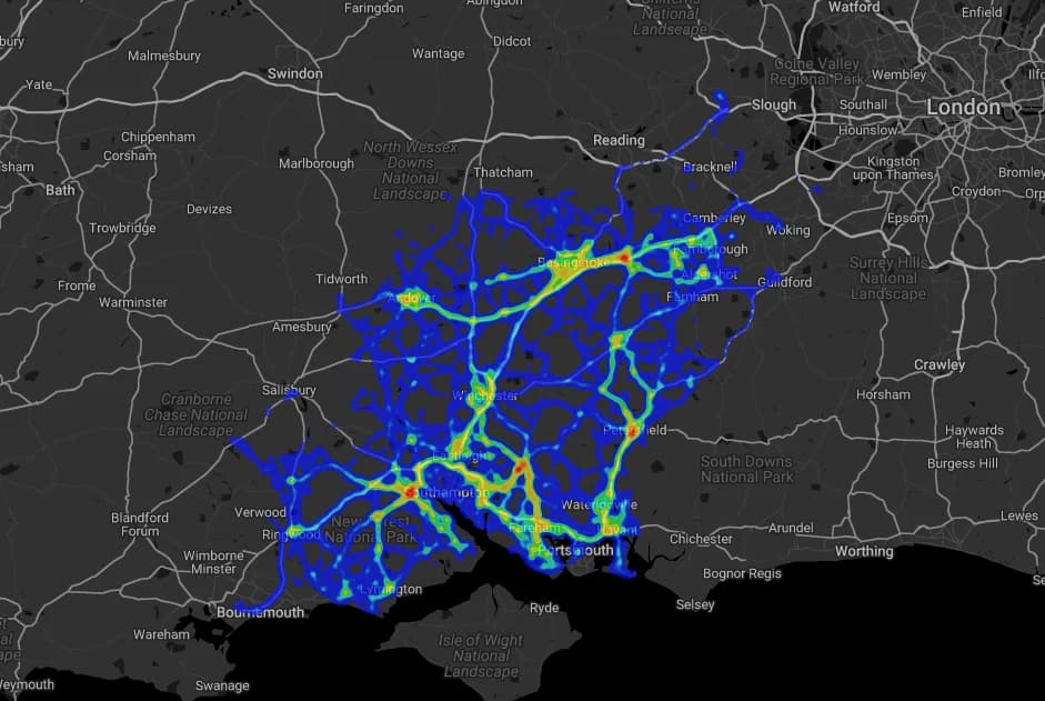 Heatmap of Hampshire highways fleet movements, busiest around Winchester, Southampton, Basingstoke and Portsmouth