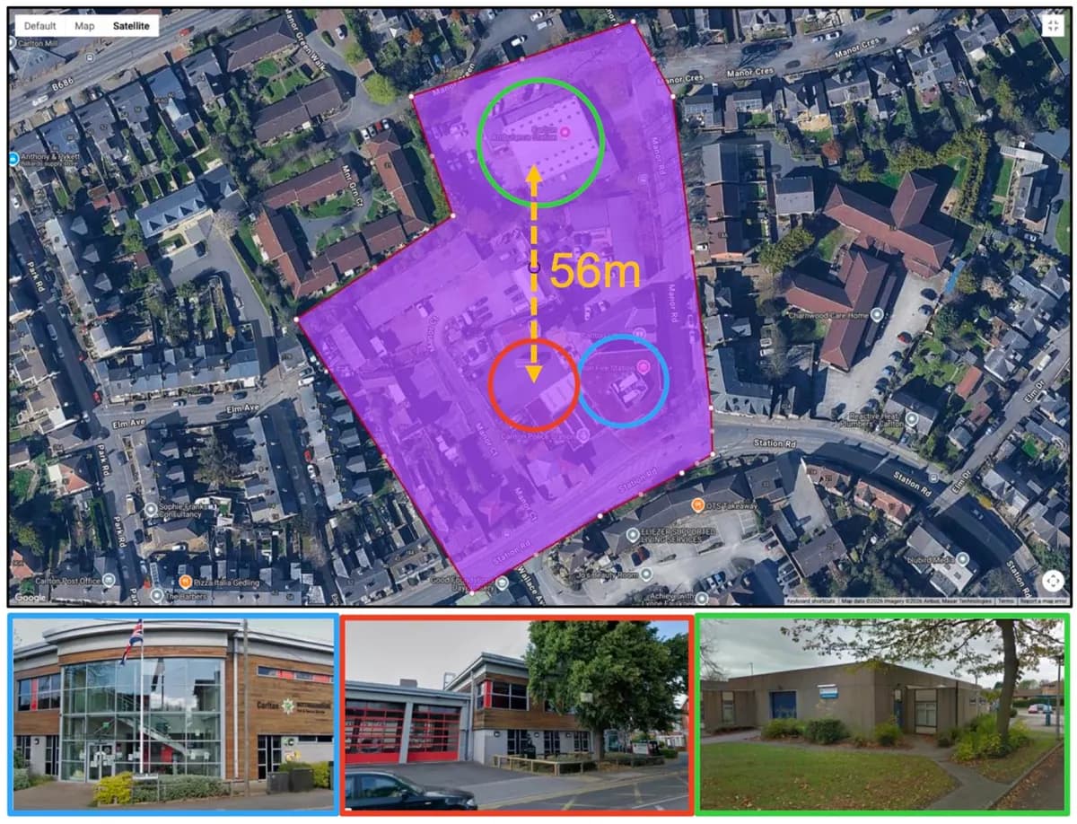 Satellite site clustering analysis showing co-located emergency service buildings 56m apart in Nottinghamshire