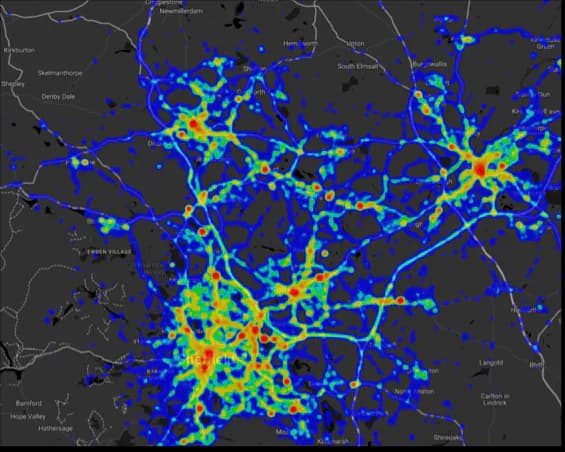 Heat map of South Yorkshire police fleet activity showing high-intensity clusters around Sheffield, Rotherham and Doncaster