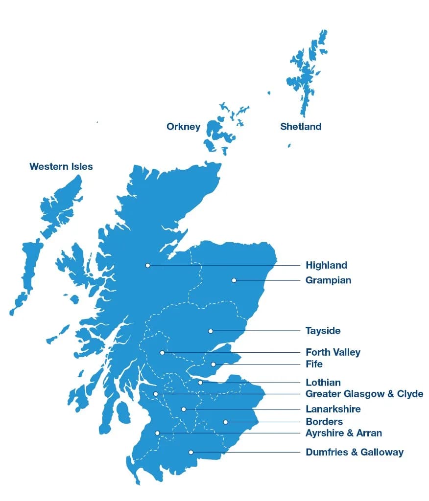 Map of NHS Scotland territorial health boards