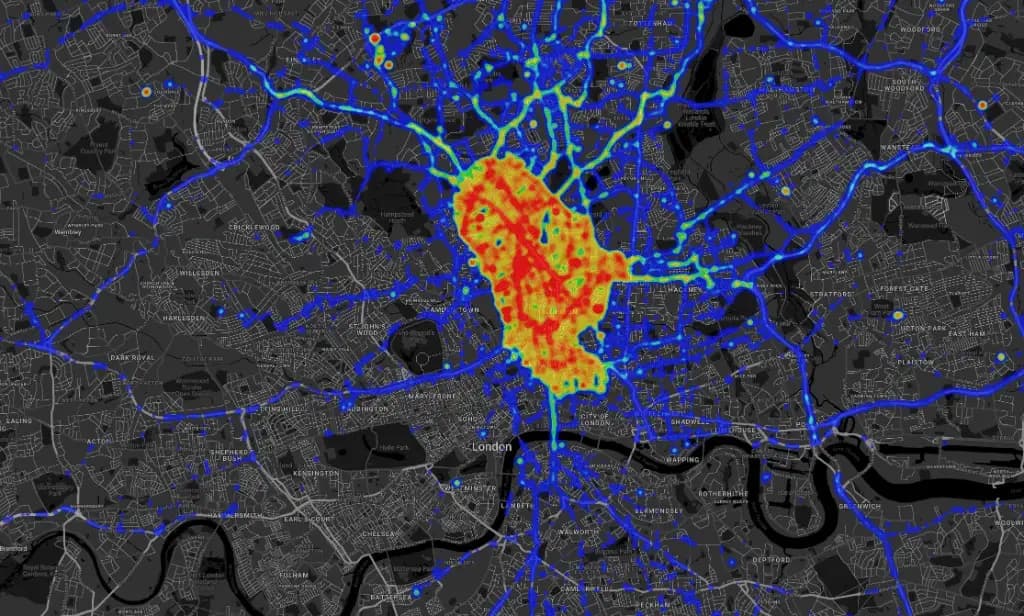 ZERO heat map of Islington Council fleet activity concentrated over Islington and Hackney, with lower-intensity routes radiating across London