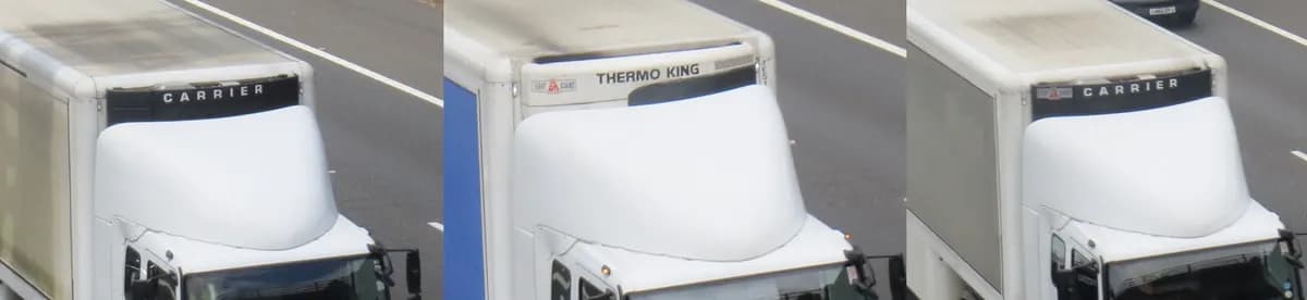 Collage of HGVs where roof spoilers do not match trailer height
