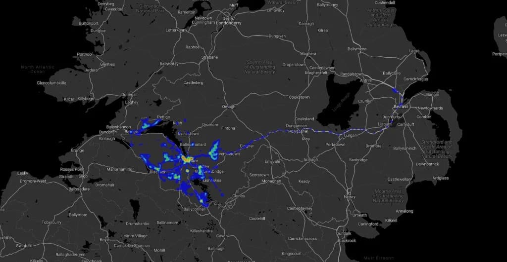 ZERO heat map of Royal Mail telematics activity around Enniskillen with a highlighted long route towards Belfast