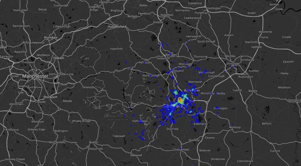 ZERO heat map of Royal Mail telematics activity concentrated on Sheffield and surrounding South Yorkshire towns