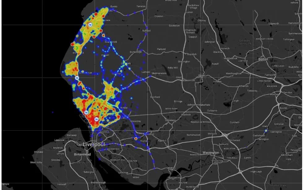 Heatmap of Sefton Council fleet movements, busiest around Bootle, Crosby and Southport