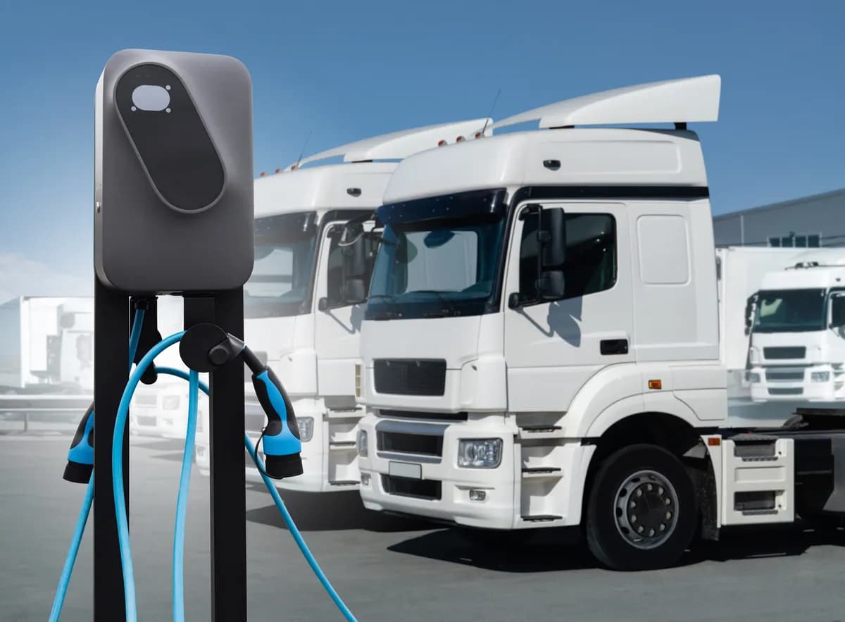 Electric heavy goods trucks at a charging station from Dynamon e-HGV parcel delivery case study
