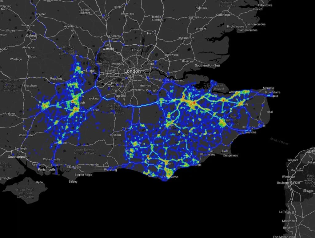 Heat map of South East Water vehicle activity across London and south-east England from historical telematics