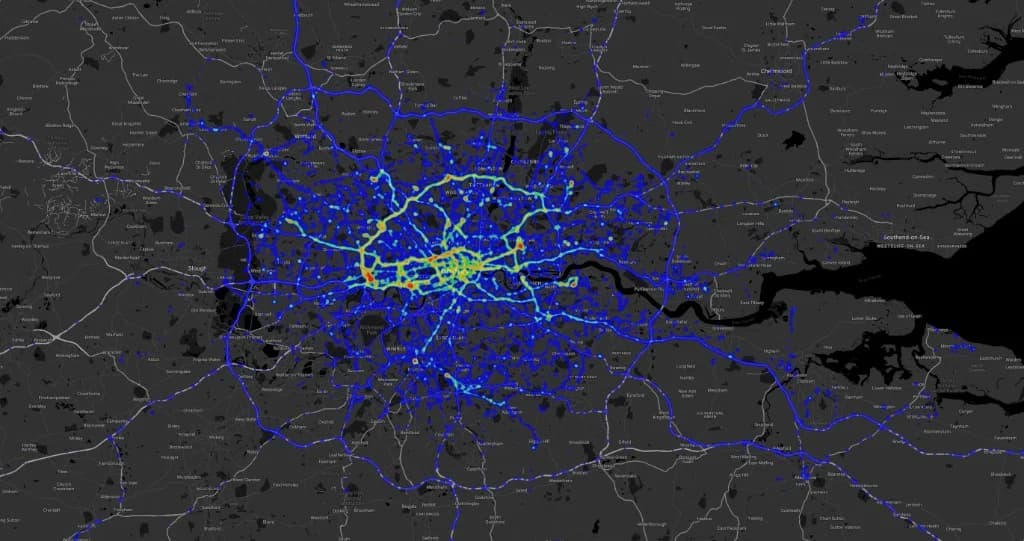 ZERO heat map of TfL service fleet activity across Greater London, generated from telematics data provided by Teletrac Navman