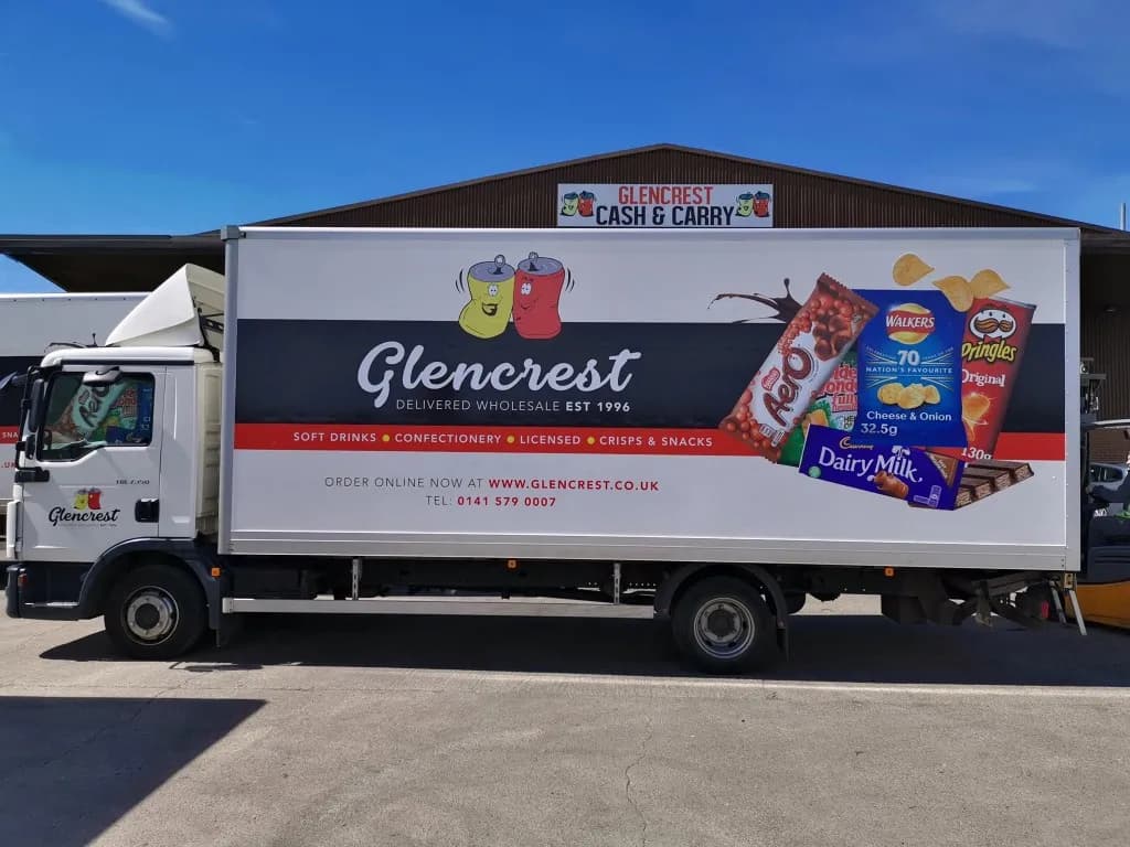 Glencrest wholesale delivery HGV parked outside Glencrest Cash & Carry, one of seven fleets in the Transport Scotland HGV Readiness Fund programme