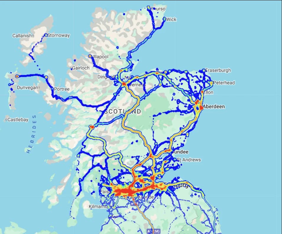 ZERO telematics heat map of HGV activity across Scotland, with the highest intensity in the Central Belt between Glasgow and Edinburgh