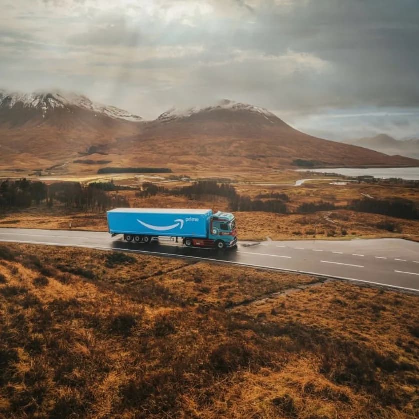 Amazon Prime HGV travelling through a Highland landscape from Dynamon ZERO Transport Scotland HGV Readiness Fund case study