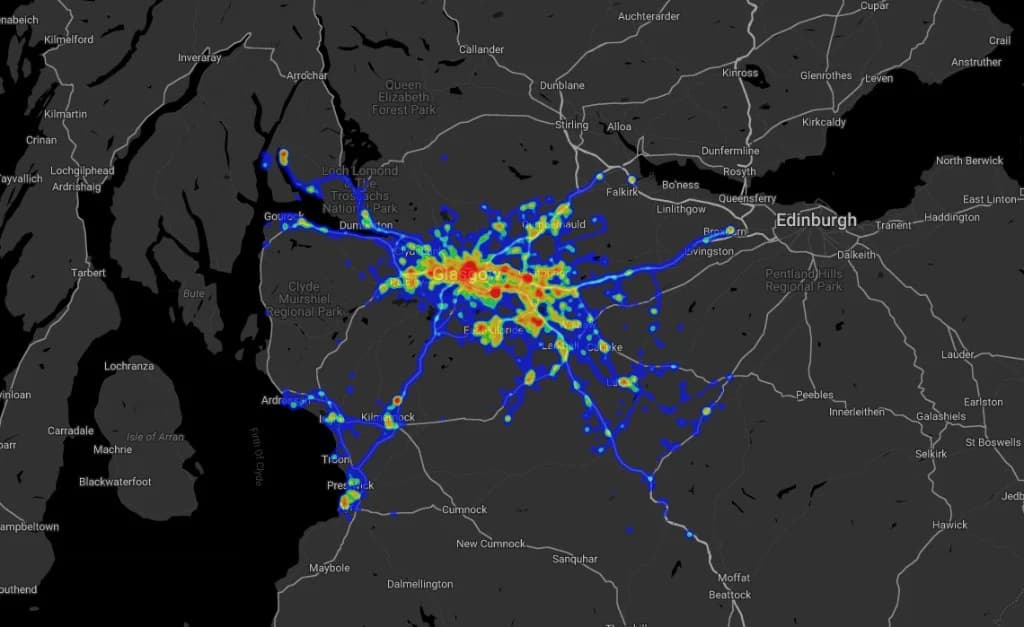 Heatmap of Biffa fleet movements around Glasgow, busiest in the city and along routes through central Scotland