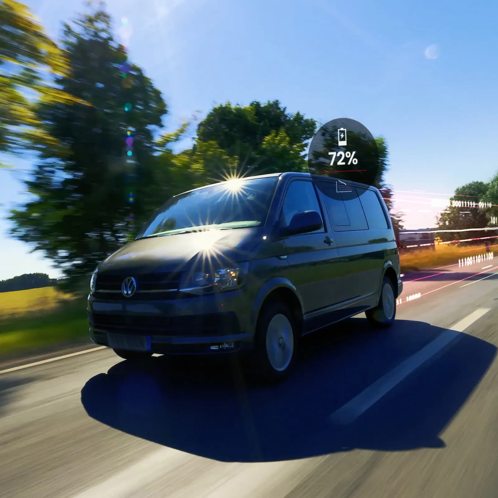 EV van driving down a country road with a data trail and binary code behind the vehicle