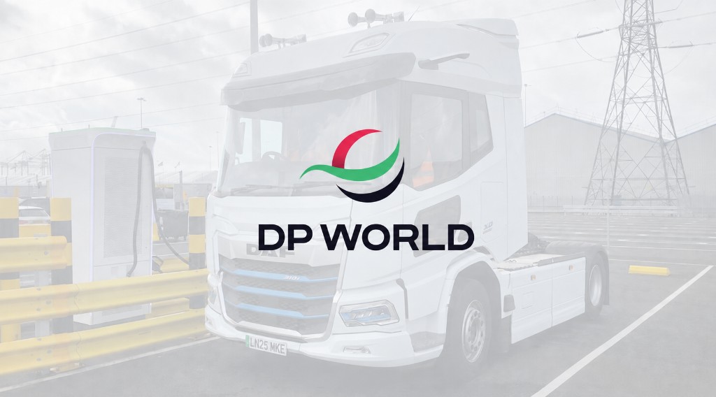 Electric DAF HGV tractor unit beside an HGV charger at DP World Southampton on the EVITA trial