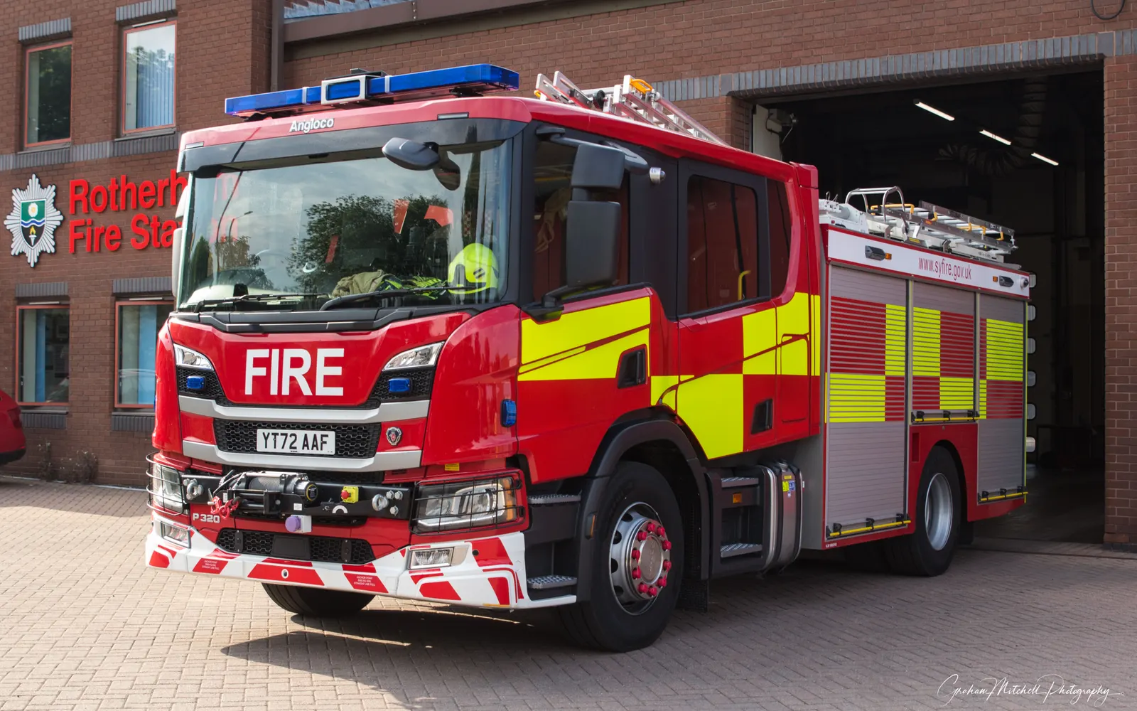South Yorkshire Fire and Rescue Service pump appliance at Rotherham fire station — photo by Graham Mitchell, CC BY 2.0